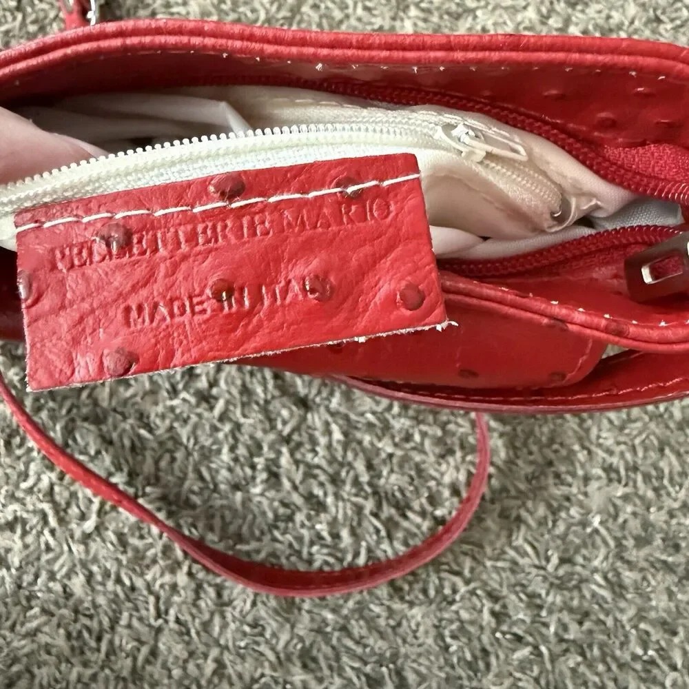 Red Ostrich Leather Crossbody‎ Bag Textured Small Shoulder Purse Zip Top Pocket